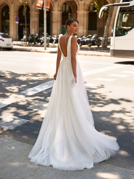 Style DAKOTA S2231 Deep V-Back Stretch Satin and Scattered Pearls on Tulle A-Line Wedding Gown Style DAKOTA S2231 Deep V-Back Stretch Satin and Scattered Pearls on Tulle A-Line Wedding Gown
