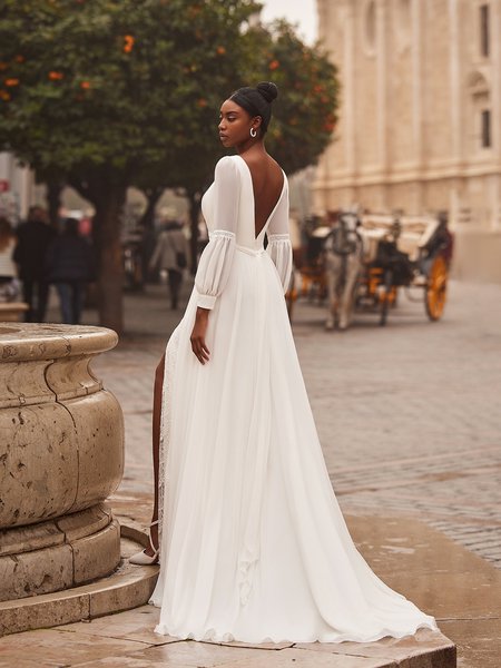 Style ROSALIA Deep V-Back Chiffon A-Line with Sweep Train and Chiffon Tie Back Boho Wedding Dress Style ROSALIA Deep V-Back Chiffon A-Line with Sweep Train and Chiffon Tie Back Boho Wedding Dress