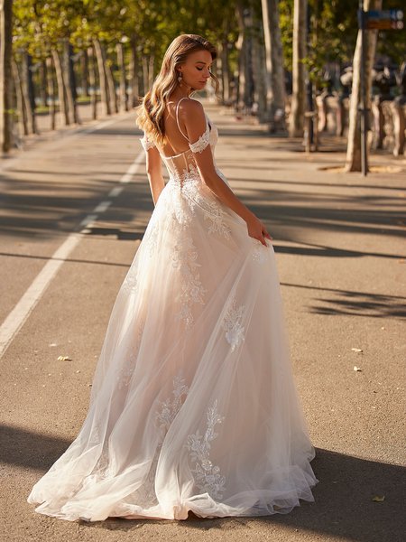 Style ALEXIS S2239 Flowy A-Line Beaded Trimmed Open Illusion Back Sweep Train Gown Style ALEXIS S2239 Flowy A-Line Beaded Trimmed Open Illusion Back Sweep Train Gown