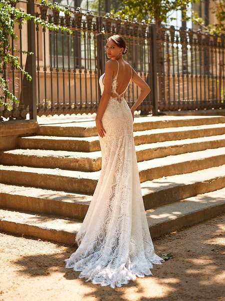 Style MIRIAM S2238 Figure Flattering Mermaid Gown with Deep Illusion V-Back and Hem Lace Chapel Train Style MIRIAM S2238 Figure Flattering Mermaid Gown with Deep Illusion V-Back and Hem Lace Chapel Train