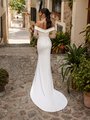 Back view of bride wearing off the shoulder wedding dress with sweep train Back view of bride wearing off the shoulder wedding dress with sweep train