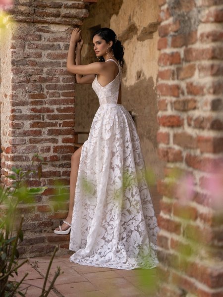 Style PORTLAND Racerback with Keyhole A-Line Gown with Chapel Train and Thin Horsehair Trim hem Style PORTLAND Racerback with Keyhole A-Line Gown with Chapel Train and Thin Horsehair Trim hem
