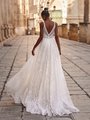 Style SARA Unlined Lace Trim Deep V-Back Guipure Lace Fabric with Sequins and Hem Lace Sweep Train A-Line Gown Style SARA Unlined Lace Trim Deep V-Back Guipure Lace Fabric with Sequins and Hem Lace Sweep Train A-Line Gown