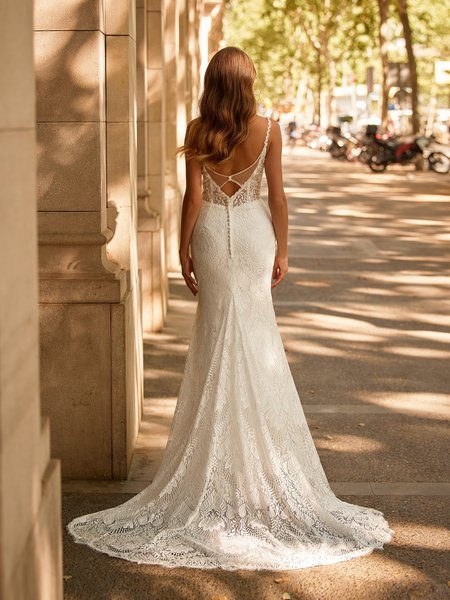 Style KAIA S2236 Drop Waist V-Back with Deep Illusion Scoop Keyhole Cotton Lace Mermaid with Sweep train Style KAIA S2236 Drop Waist V-Back with Deep Illusion Scoop Keyhole Cotton Lace Mermaid with Sweep train
