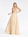 Val Stefani 3967RW all gold plunging sweetheart with illusion inset and thin straps A-line gown in glitter print net Val Stefani 3967RW all gold plunging sweetheart with illusion inset and thin straps A-line gown in glitter print net