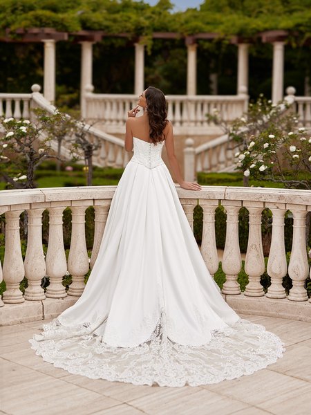 Open Back with Buttons Closure Stretch Satin Gown with Semi-Cathedral Cutout Lace Train ValStefani CITRINE Open Back with Buttons Closure Stretch Satin Gown with Semi-Cathedral Cutout Lace Train ValStefani CITRINE