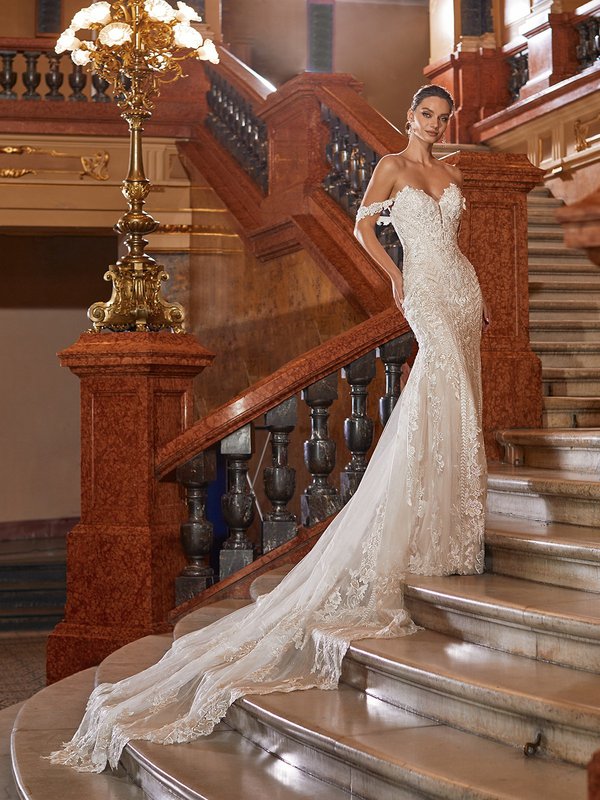 Val Stefani Bridal D8272 Sparkly Beaded Floral Sweetheart Mermaid Bridal Gown With Relaxed Floral Lace Swag Sleeves