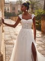 Style DANI Cap Sleeves and Sweetheart Beaded Lace Appliques and Sequins Chantilly Lace Full A-Line with High Slit Style DANI Cap Sleeves and Sweetheart Beaded Lace Appliques and Sequins Chantilly Lace Full A-Line with High Slit