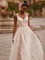 Style NINA Romantic V-Neck with Illusion Inset Floral Embroidered Net with Sequins Flowy A-Line with Couture Sash at Drop Waist