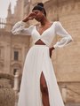 Deep V-Neck with Twist and Cutout at Natural Waistline A-Line with Alencon Lace Trim Leg Slit Style ROSALIA Deep V-Neck with Twist and Cutout at Natural Waistline A-Line with Alencon Lace Trim Leg Slit Style ROSALIA