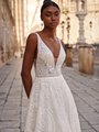 Unlined Lace Trim Deep V-Neck with Illusion Inset and Illusion Inset at Side Bodice Guipure Lace A-Line Style SARA Unlined Lace Trim Deep V-Neck with Illusion Inset and Illusion Inset at Side Bodice Guipure Lace A-Line Style SARA