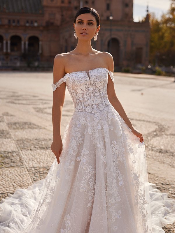ValStefani MIA Unlined Straight Neck with Illusion Inset Beaded Lace Appliques and Galaxy Net A-Line with Swag Sleeves and Basque Waist